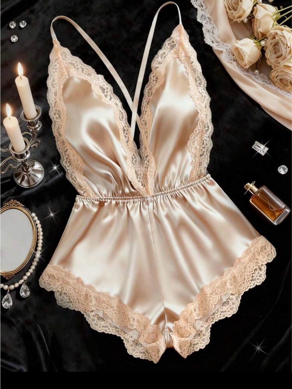 Satin Lace Trim Romper - Champagne